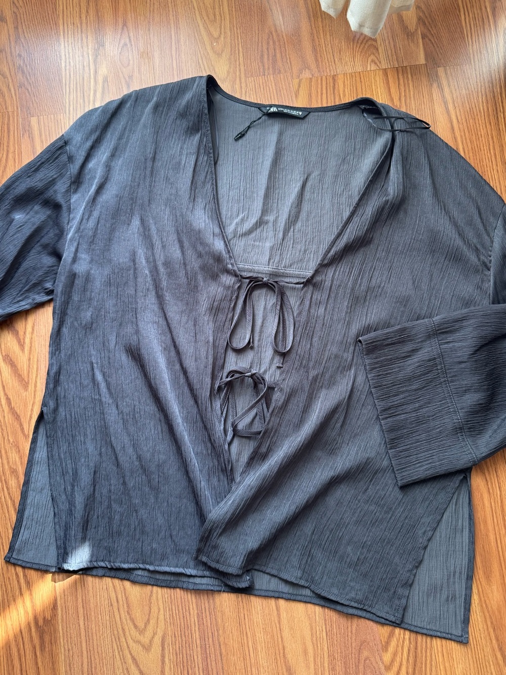 Zara Textured Tie Front Blouse Gray M/L Oversized